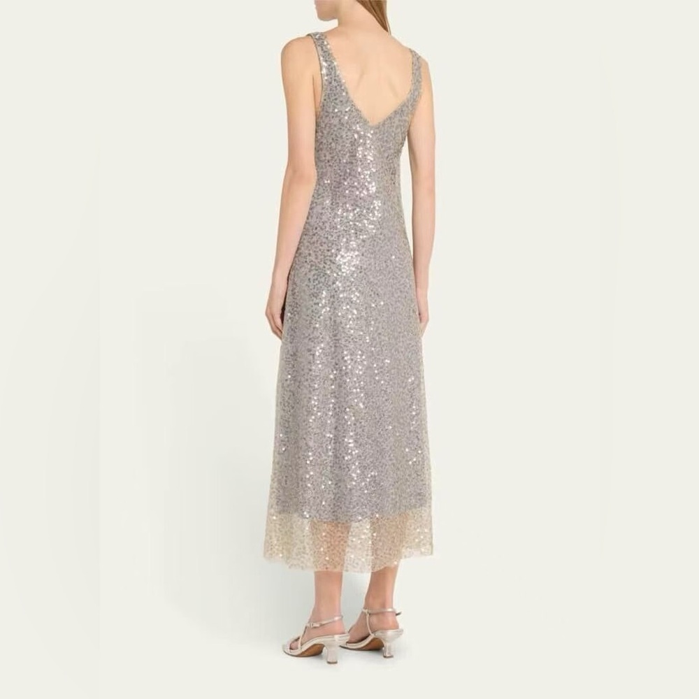 NWT $595 Vince Sequined Metallic Lace Midi Dress - Silver - Picture 5 of 11